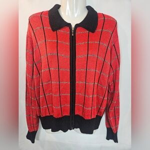 Vintage FIA Italia Red Plaid Zip Front Knit Sweater Cardigan Collared Size L
